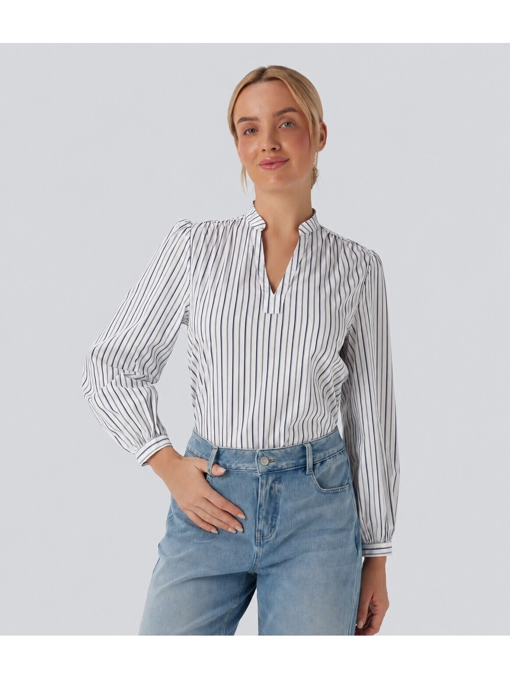 Halara V-neck High Low Striped Print Casual Blouse White & Blue Stripes Size XS